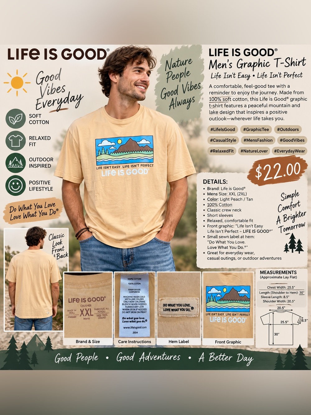 Life Is Good Men's Peach Graphic Tee with Mountain Sunset Print